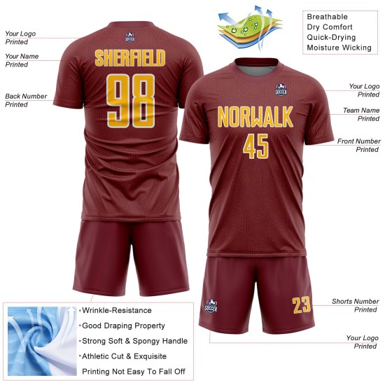 Jersey Custom Burgundy Shape Geometric Uniform Gold-White Sublimation Soccer Sports
