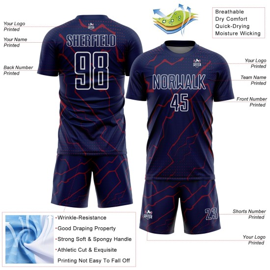 Sports Crimson-White Lightning Navy Uniform Sublimation Soccer Custom Jersey Sports Crimson-White Lightning Navy Uniform Sublimation Soccer Custom Jersey