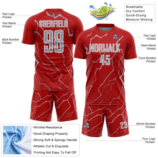 Lightning Soccer Sports Jersey Sublimation Gray-White Custom Red Uniform
